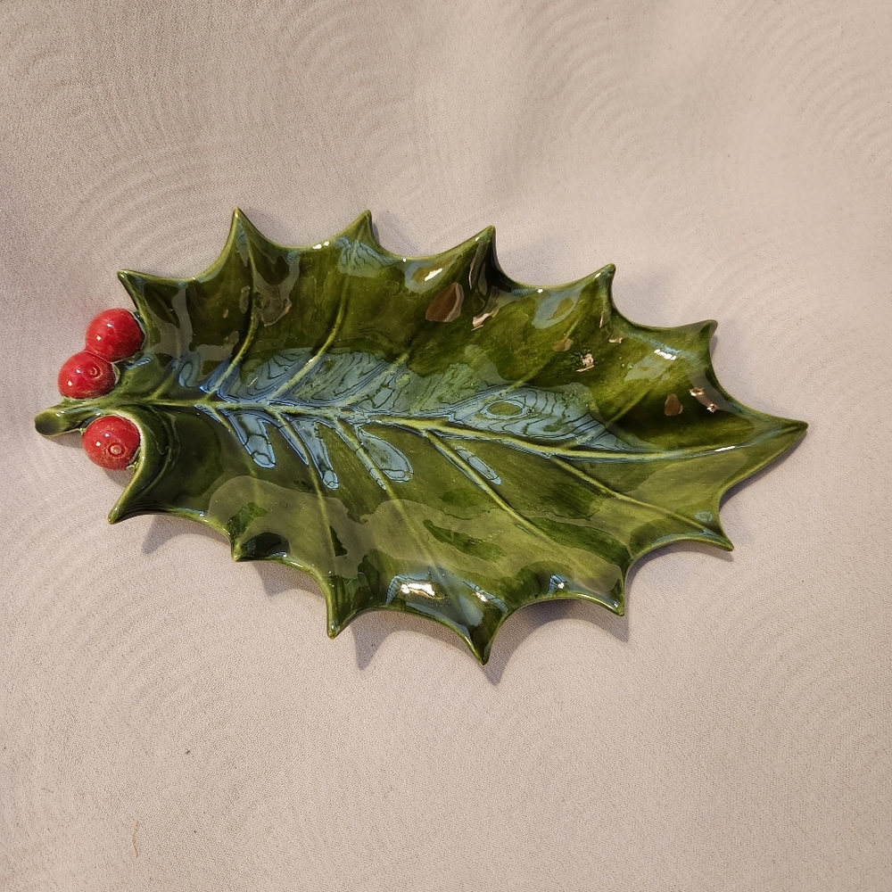 Vintage Holly leaf ceramic candy dish
